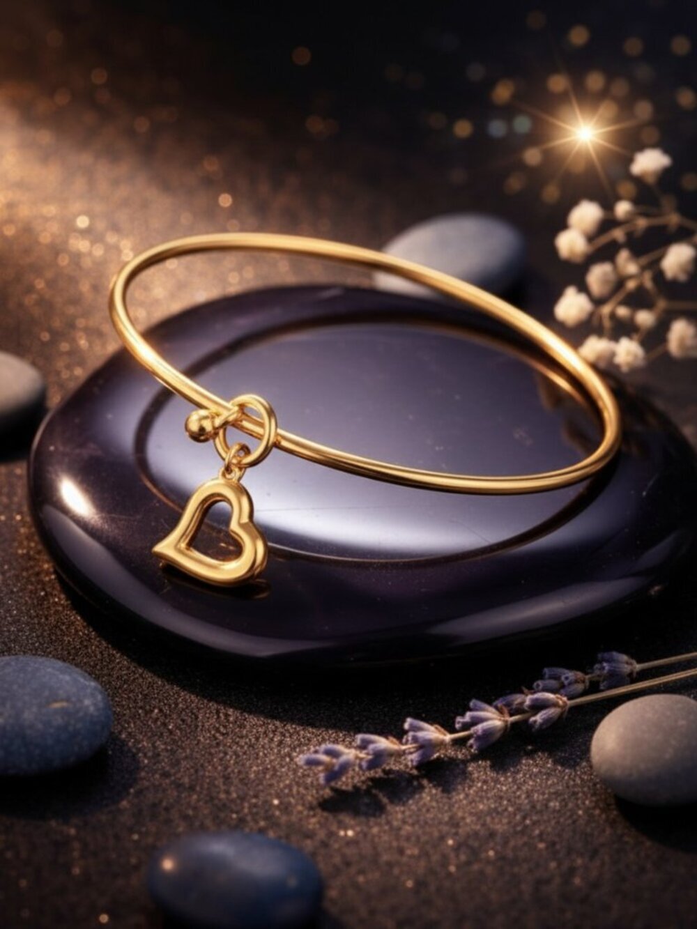 Hollow Heart Charm Bangle Dainty Bracelet 18K Gold Plated 316L Stainless Steel